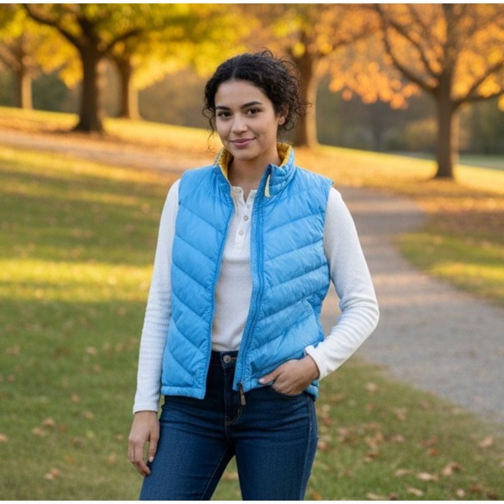 Coldwater Creek Reversible Goose Down Puffer Vest Women's Small Blue Yellow Warm